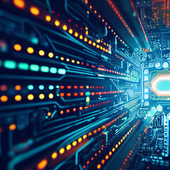 Fototapeta premium Digital illustration cartoon style to imitating 3D rendering circuit board, high tech industry, artificial intelligence, machine deep learning, VR, AR, can be used for magazine, banner background.