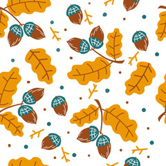 Acorn seamless pattern. Autumn seamless pattern with oak leaves and acorns. Abstract autumnal texture. Vector illustration