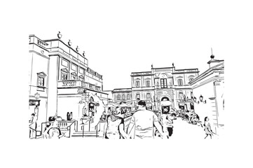 Building view with landmark of Orlando is the 
city in Florida. Hand drawn sketch illustration in vector.