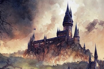 Fototapeta Dark fantasy castle. Magician medieval city. With tall black tower. Fortress of the king with stone walls.  Watercolor art concept. Historical architecture painting. Sketch of magic city. obraz
