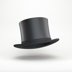 Black top hat with black ribbon floating on a gray background, 3d render