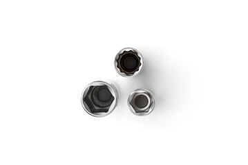 Chrome socket heads isolated on a white background. 