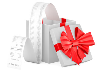 Free Shopping concept. Printed receipt inside gift box, 3D rendering