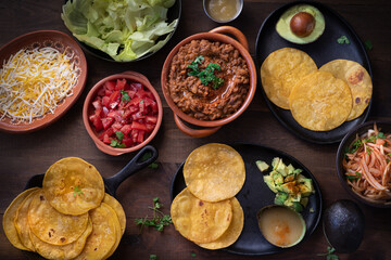 Mini street vegetarian corn tacos and side filling: tomatoes, queso, avocado, refried beans