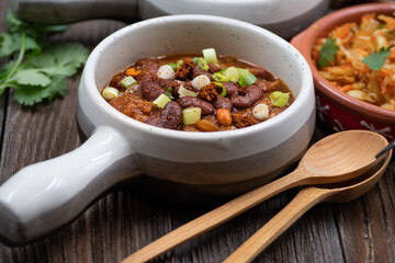 Spicy Vegan Chili Beans in ceramic mini pots