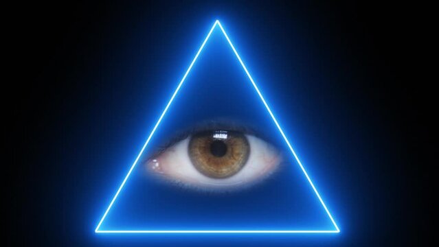 Mysterious eye looking forward from blue neon triangle shrouded in fantasy light. Secret occult sign
