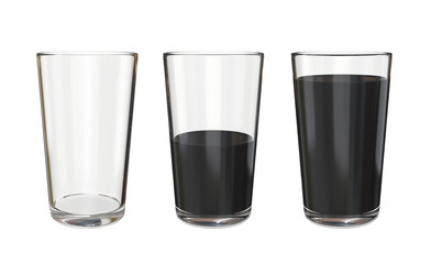 Set of glass glasses empty, half and full of black liquid, 3d render
