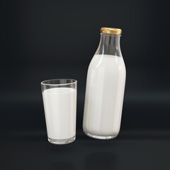 Glass bottle and glass with milk floating on a black background, 3d render