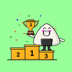 Cute Cartoon character illustration of Rice japanese sushi is holding up the golden trophy