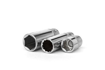 Chrome socket heads isolated on a white background. 