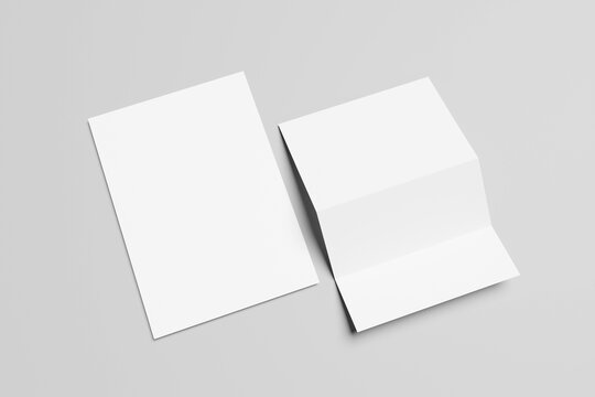 White sheet of paper. Blank a4 letter for mockup on gray background with shadow. 3d render