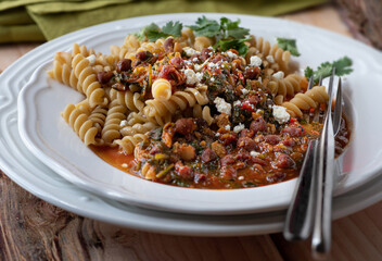 Pasta and Lentils in a Spicy Marinara Sauce