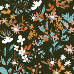 Seamless floral pattern with abstract flowers, leaves on a dark black-brown background. Autumn botanical motifs print in orange-green (warm) color palette. Modern vintage vector design  - 531105225