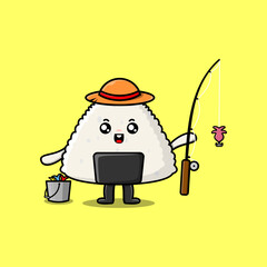 Cute cartoon Rice japanese sushi ready fishing wearing fishing equipment cartoon character 