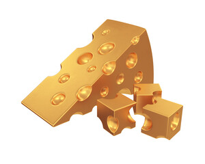 Set of cheese piece and cheese cubes of golden color, 3d render
