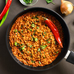 Keema curry in frying pan