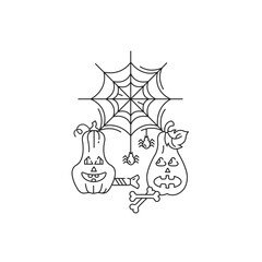 Vector illustration happy halloween. Linear icon. Pumpkin, cobweb and spiders.
