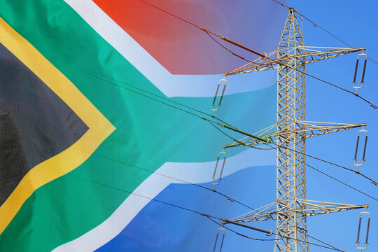 South Africa flag on electric pole background. Power shortage and increased energy consumption in South Africa. Energy development and energy crisis in South Africa