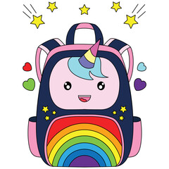 Rainbow unicorn school bag backpacks with star ornaments coloring vector illustration