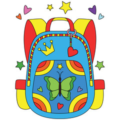 Butterfly red yellow colorful school bag backpacks with love and star ornaments coloring artwork
