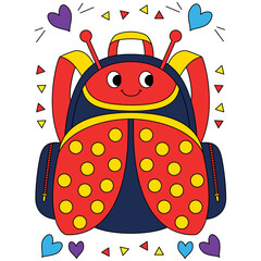 Red bug colorful school bag backpacks with love and triangle ornaments coloring vector illustration