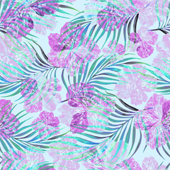 Watercolor flowers seamless tropical pattern in pastel purplish blue colors