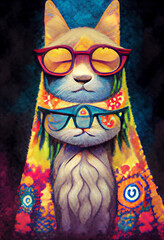 Digital art of a colorful abstract hippie cat with glasses.