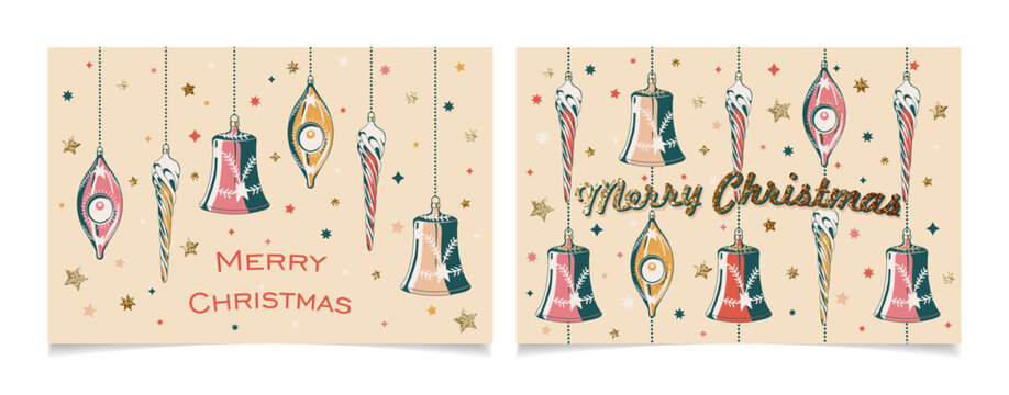 Merry Christmas greeting cards with vintage Christmas tree decorations. Illustration in retro style design with golden glitter lettering. Party invitations. Xmas postcards with tree toys.