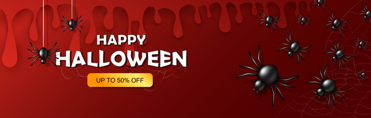 Halloween poster with 3d black spooky spiders. Cartoon red banner with flowing blood, bugs and spiderweb. Vector discount background, wallpaper, backdrop with sale offer