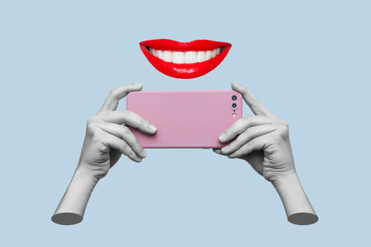Lilac mobile phone with photo camera in female hands taking picture and smiling woman's mouth with red lips on a blue background. 3d trendy collage in magazine style. Contemporary art. Modern design