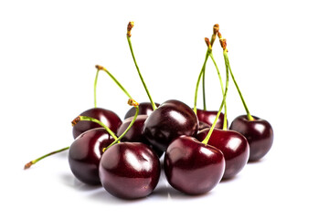 Fresh black sweet cherry fruit on white background.