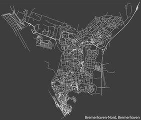 Obraz premium Detailed negative navigation white lines urban street roads map of the BREMERHAVEN-NORD MUNICIPALITY of the German regional capital city of Bremerhaven, Germany on dark gray background
