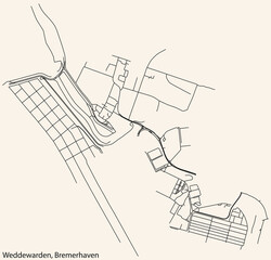 Detailed navigation black lines urban street roads map of the WEDDEWARDEN DISTRICT of the German regional capital city of Bremerhaven, Germany on vintage beige background