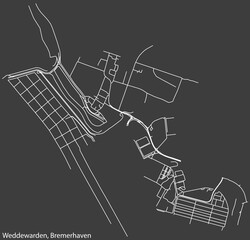Detailed negative navigation white lines urban street roads map of the WEDDEWARDEN DISTRICT of the German regional capital city of Bremerhaven, Germany on dark gray background