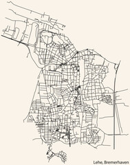 Fototapeta premium Detailed navigation black lines urban street roads map of the LEHE DISTRICT of the German regional capital city of Bremerhaven, Germany on vintage beige background