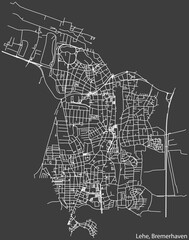 Detailed negative navigation white lines urban street roads map of the LEHE DISTRICT of the German regional capital city of Bremerhaven, Germany on dark gray background