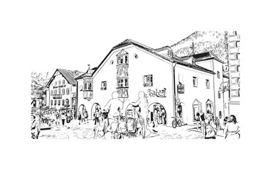 Building view with landmark of Urtijei is the 
town in Italy. Hand drawn sketch illustration in vector.