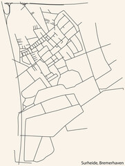 Detailed navigation black lines urban street roads map of the SURHEIDE DISTRICT of the German regional capital city of Bremerhaven, Germany on vintage beige background