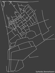 Detailed negative navigation white lines urban street roads map of the SURHEIDE DISTRICT of the German regional capital city of Bremerhaven, Germany on dark gray background