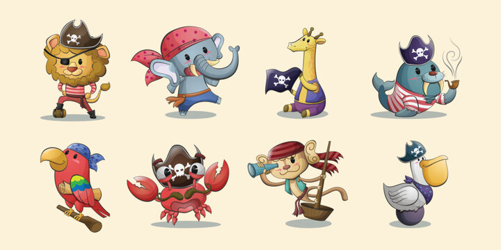 Animal pirate hand drawn cartoon cute characters collection illustration