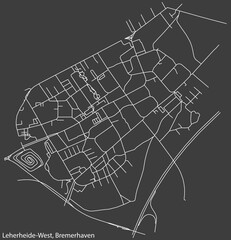 Detailed negative navigation white lines urban street roads map of the LEHERHEIDE-WEST QUARTER of the German regional capital city of Bremerhaven, Germany on dark gray background