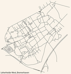 Detailed navigation black lines urban street roads map of the LEHERHEIDE-WEST QUARTER of the German regional capital city of Bremerhaven, Germany on vintage beige background