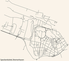 Detailed navigation black lines urban street roads map of the SPECKENBÜTTEL QUARTER of the German regional capital city of Bremerhaven, Germany on vintage beige background