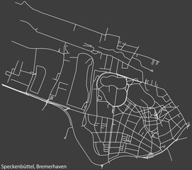 Detailed negative navigation white lines urban street roads map of the SPECKENBÜTTEL QUARTER of the German regional capital city of Bremerhaven, Germany on dark gray background