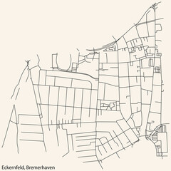 Detailed navigation black lines urban street roads map of the ECKERNFELD QUARTER of the German regional capital city of Bremerhaven, Germany on vintage beige background