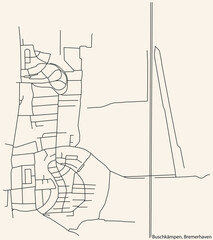 Detailed navigation black lines urban street roads map of the BUSCHKÄMPEN QUARTER of the German regional capital city of Bremerhaven, Germany on vintage beige background