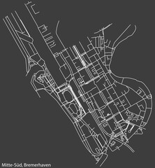 Detailed negative navigation white lines urban street roads map of the MITTE-SÜD QUARTER of the German regional capital city of Bremerhaven, Germany on dark gray background