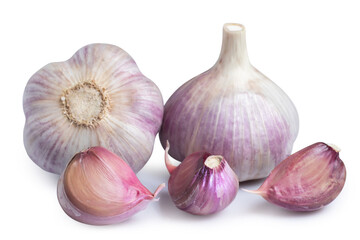 Garlic clove and bulb isolated on white background.