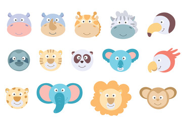 Cute animal faces set. Hand drawn characters. lion, giraffe, elephant, turtle, zebra, parrot, hippo, monkey, sloth, rhino, panda, tiger, panda, toucan. heads wild animal