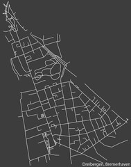 Detailed negative navigation white lines urban street roads map of the DREIBERGEN QUARTER of the German regional capital city of Bremerhaven, Germany on dark gray background